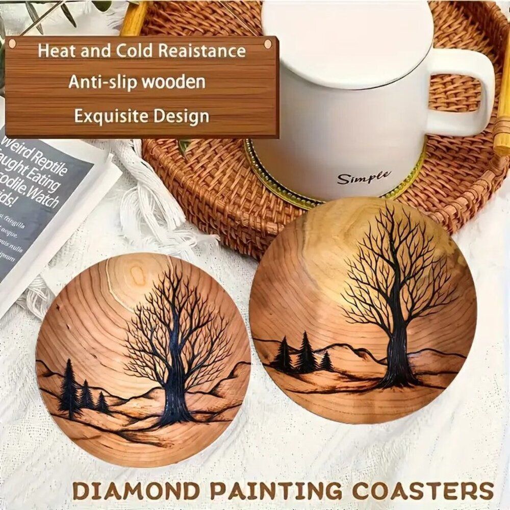 Set of Five Tree Ring Round Wooden Unique Heat-Resistant Coaster Set